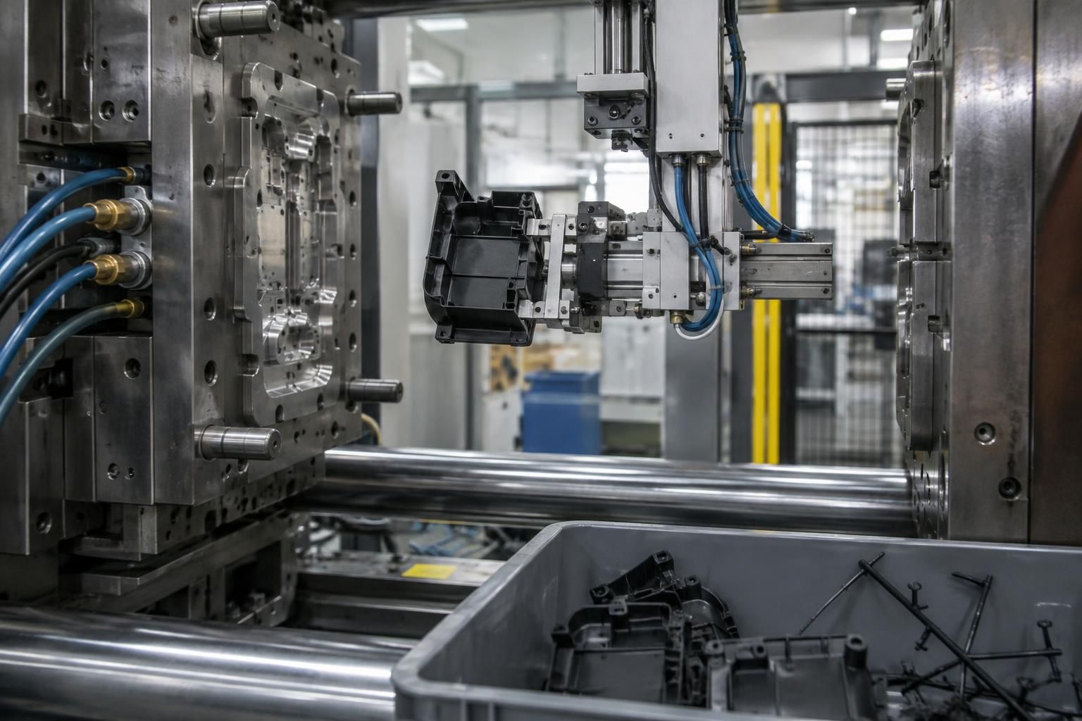 Scrap handling robot taking a freshly moulded black plastic housing from the open injection moulding machine, showing flash and collection bins.