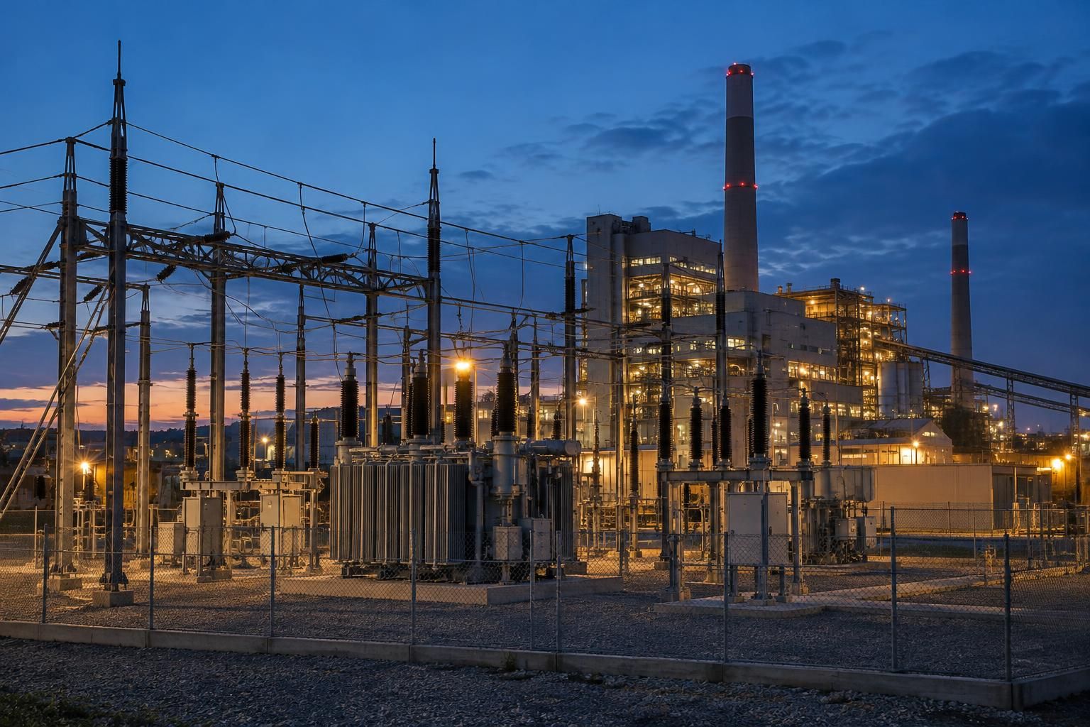 Electrical substation and power lines in front of a factory at dusk