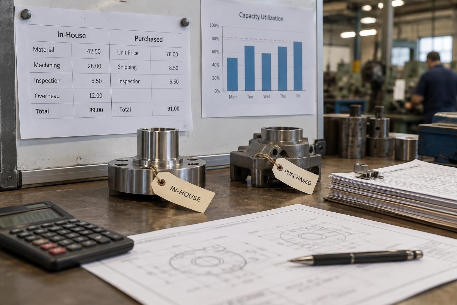 Cost breakdown on a whiteboard next to two steel components labelled in-house production and external sourcing, with a calculator and a capacity utilisation chart